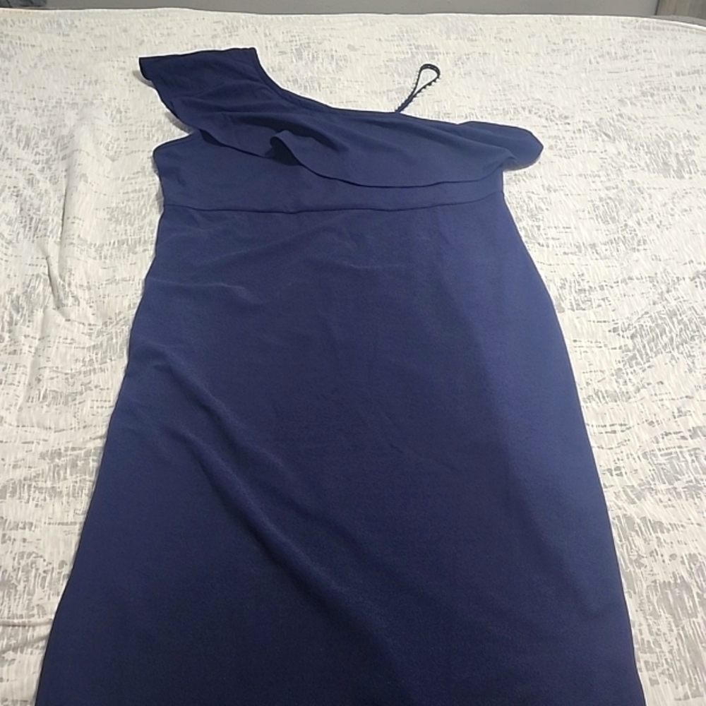 Formal Navy blue one off the shoulder with pearl beading. Stretch material.